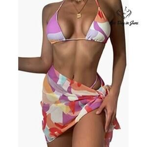 WDIRARA 3 Piece Halter Tie Side Bikini Swimsuit Size S